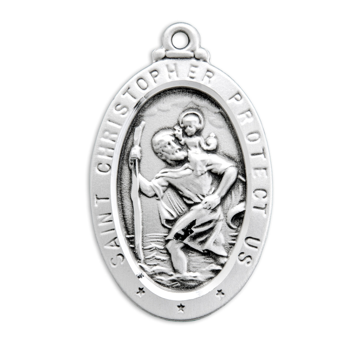 Saint Christopher Protect Us Oval Sterling Silver Medal Pendant with Chain