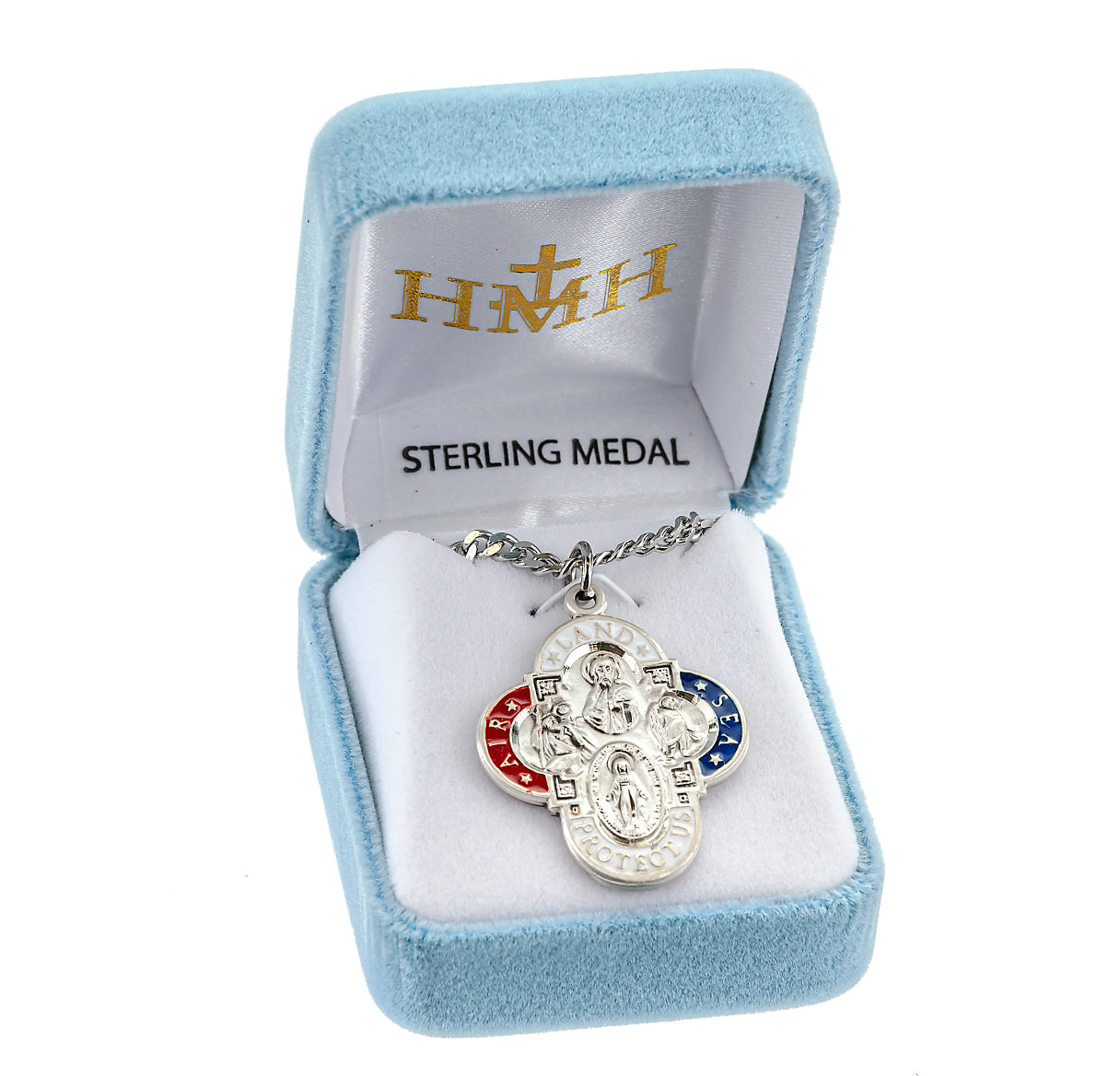 Land-Sea-Air Enameled Sterling Silver 4-Way Cross Medal Pendant with Chain