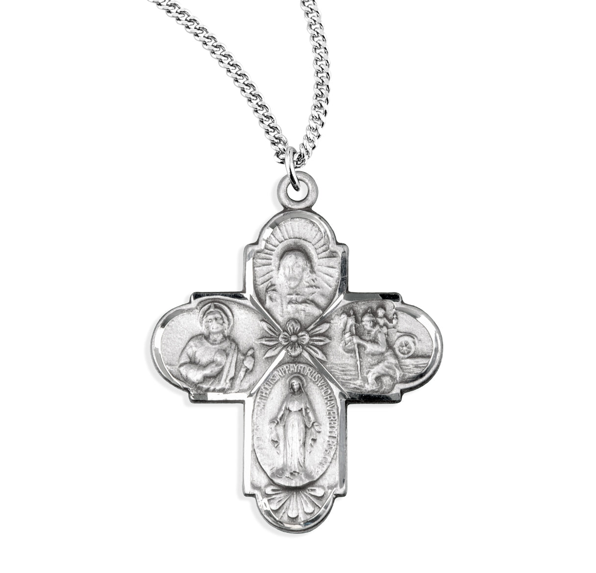 Sterling Silver 4-Way Cross Medal Pendant with Chain