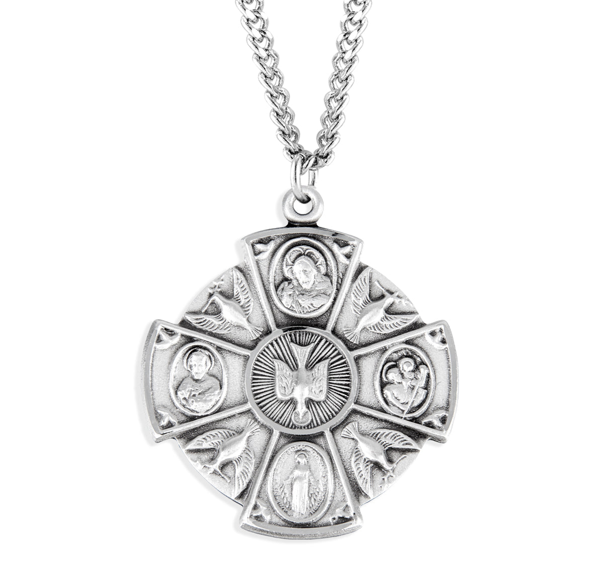 Sterling Silver 4-Way Cross Medal Pendant with Chain