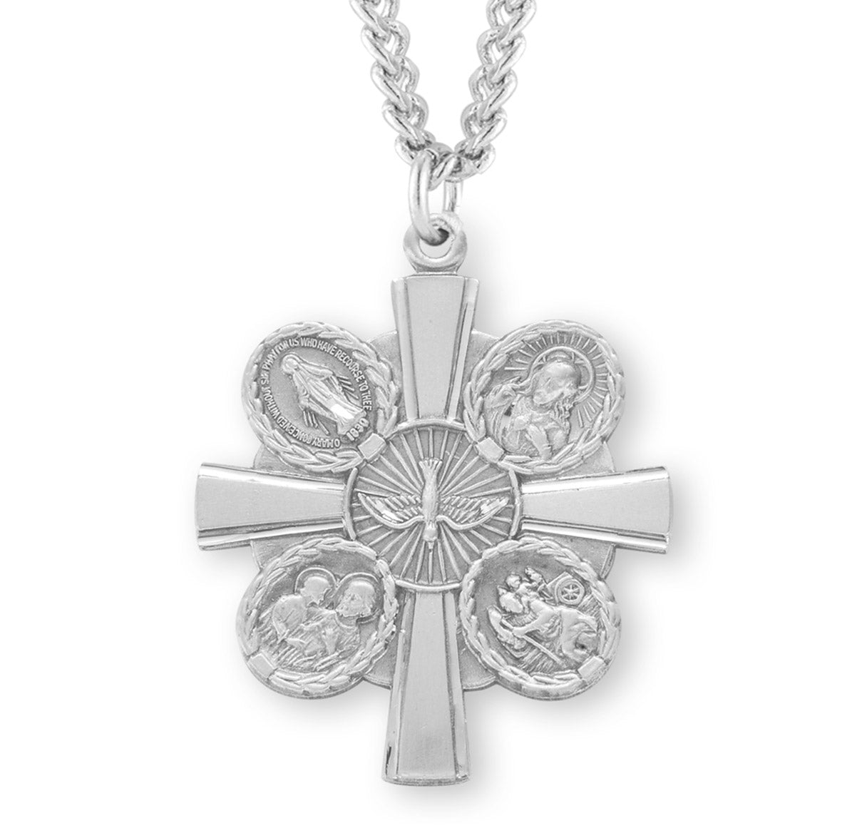 Sterling Silver 4-Way Cross Medal Pendant with Chain