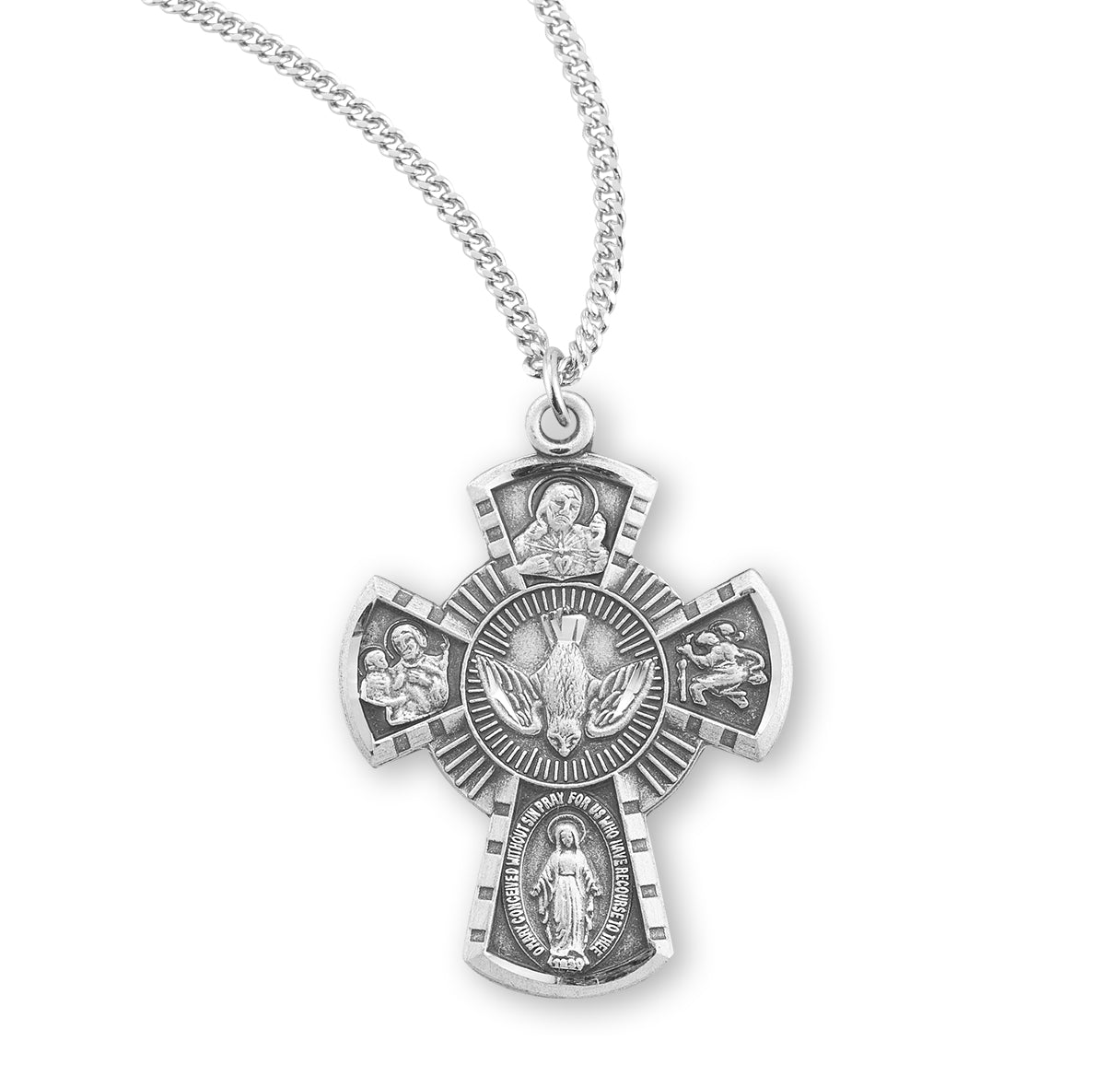 Sterling Silver 4-Way Cross Medal Pendant with Chain