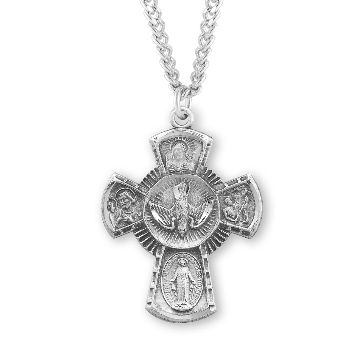 Sterling Silver 4-Way Cross Medal Pendant with Chain