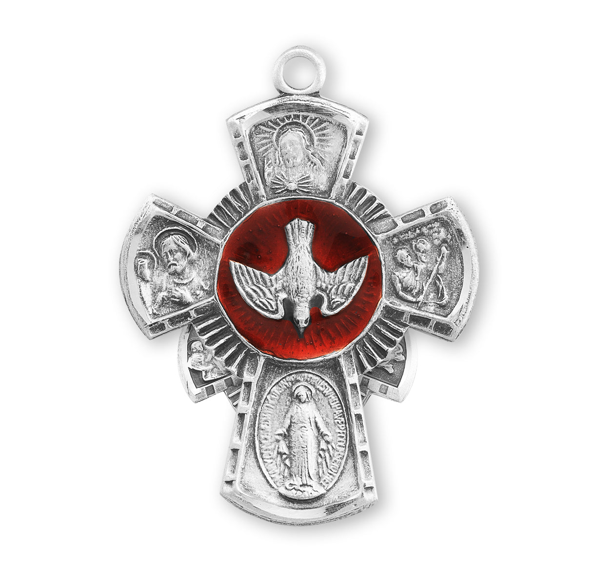 Sterling Silver Red Enameled 4-Way Cross Medal Pendant with Chain