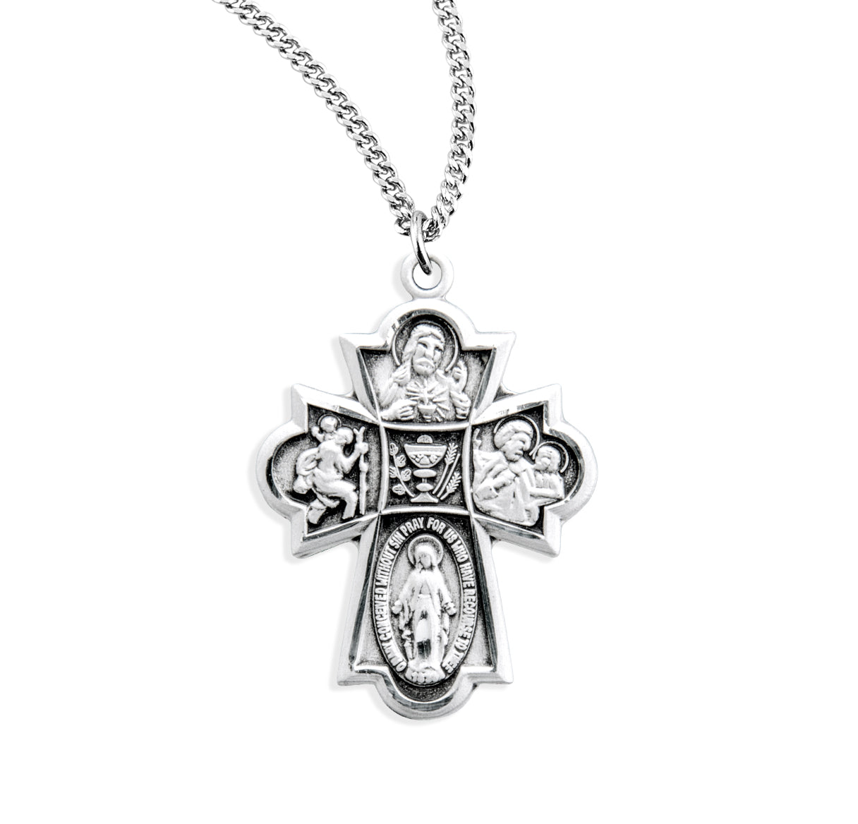 Sterling Silver 4-Way Cross Medal Pendant with Chain