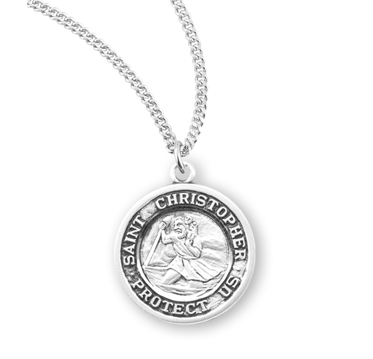 Saint Christopher Protect Us Sterling Silver Medal Pendant with Chain