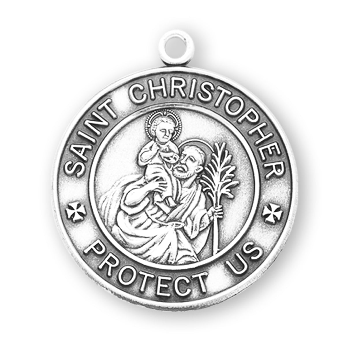 Saint Christopher Protect Us Round Sterling Silver Medal Pendant with Chain