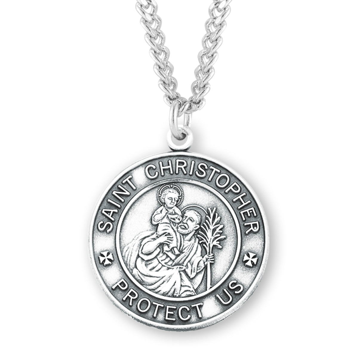 Saint Christopher Protect Us Round Sterling Silver Medal Pendant with Chain