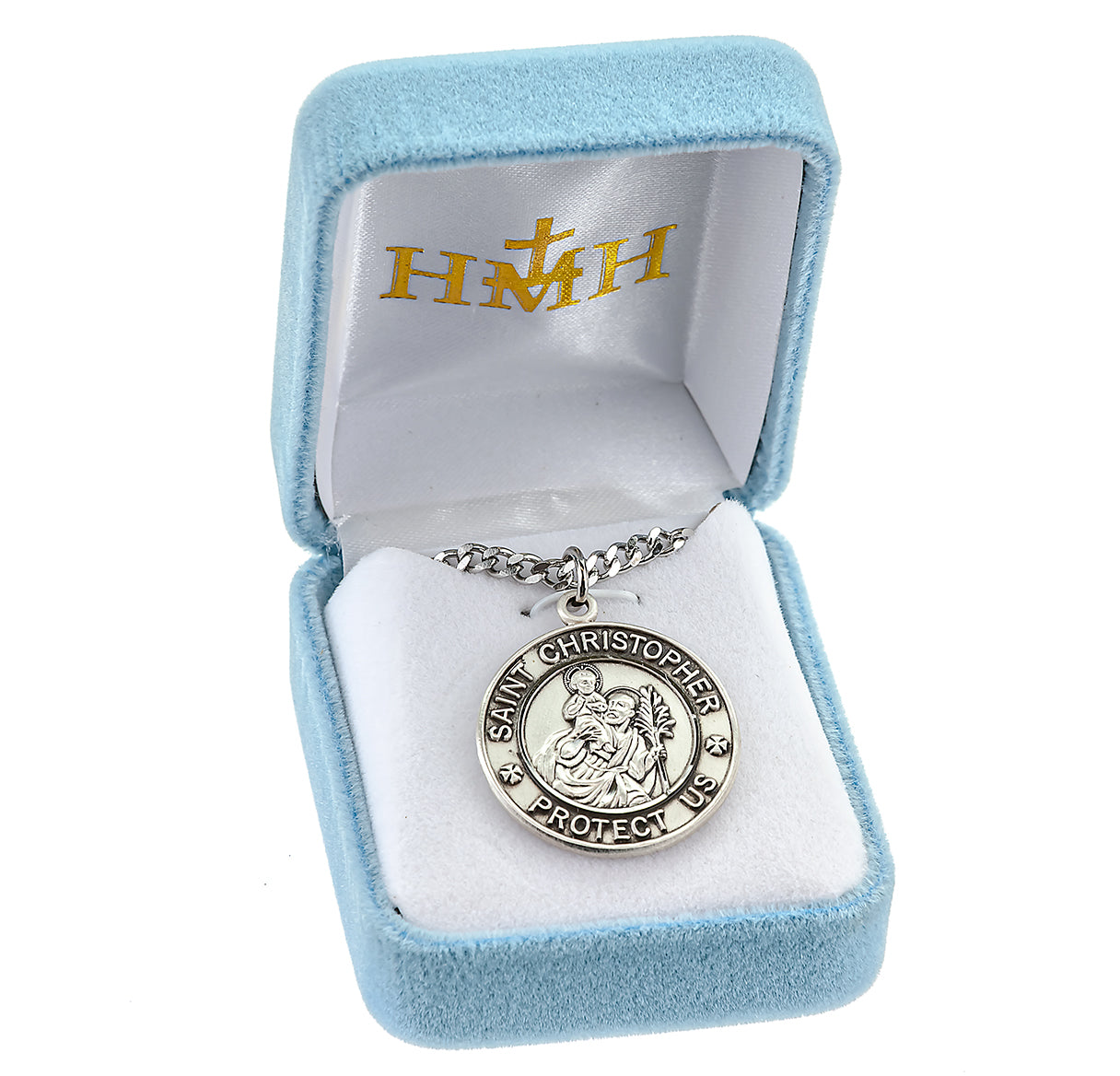 Saint Christopher Protect Us Round Sterling Silver Medal Pendant with Chain