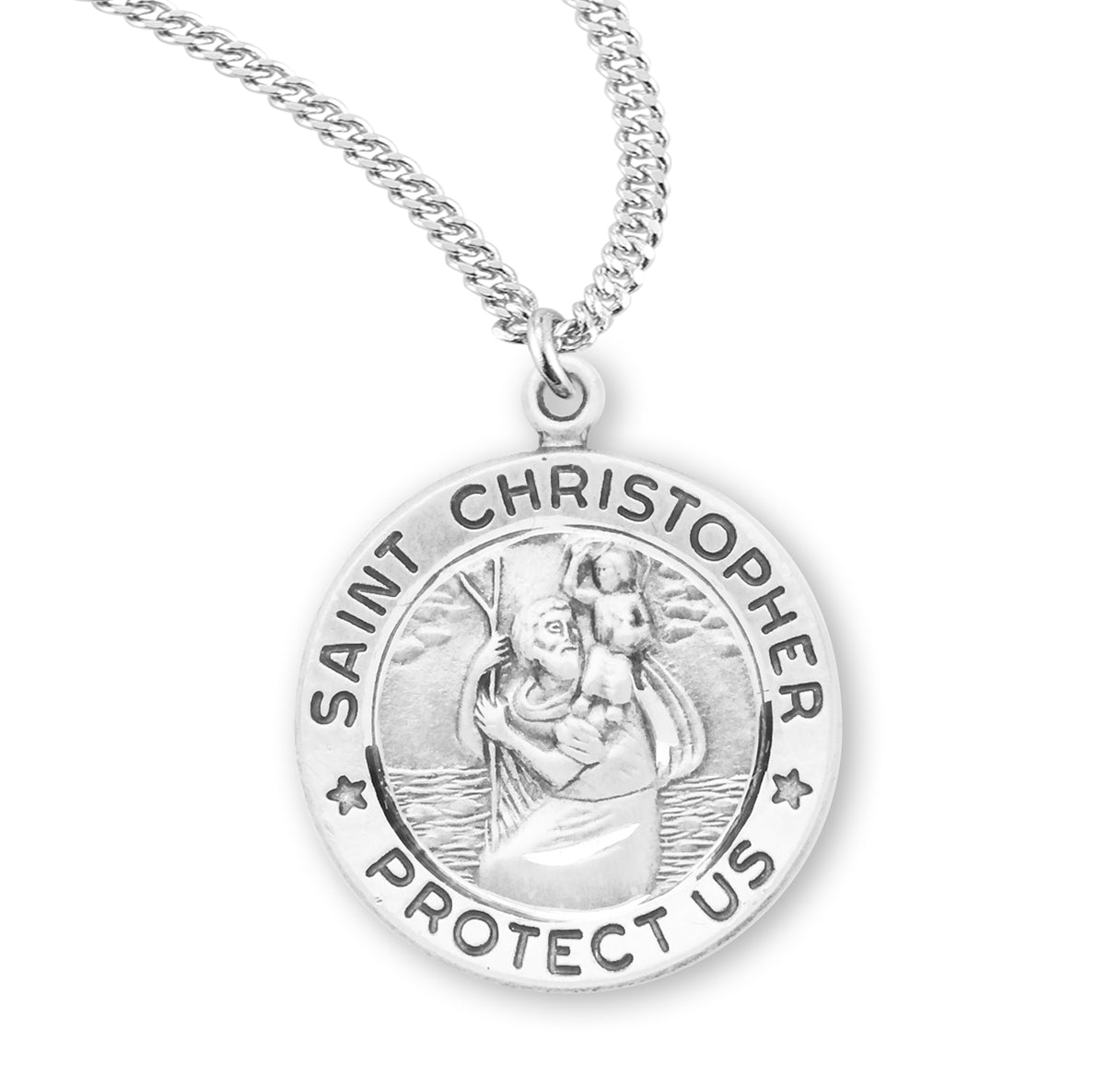 Saint Christopher Protect Us Round Sterling Silver Medal Pendant with Chain