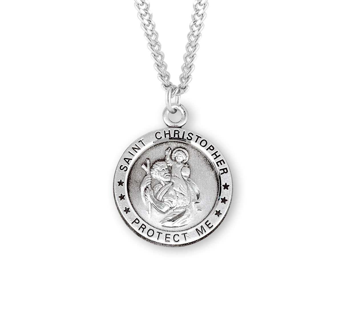 Saint Christopher Protect Us Round Sterling Silver Medal Pendant with Chain