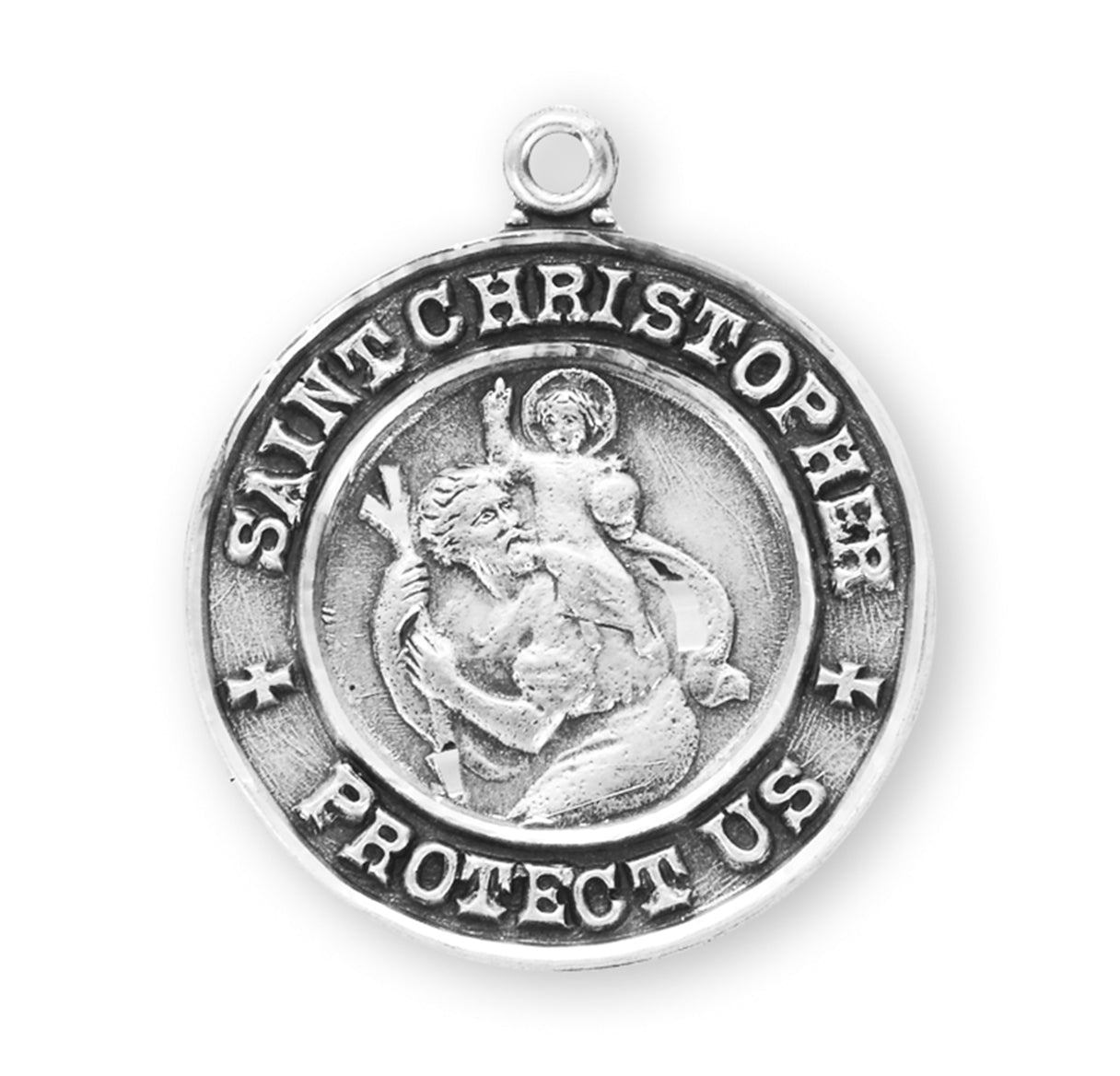 Saint Christopher Protect Us Round Sterling Silver Medal Pendant with Chain