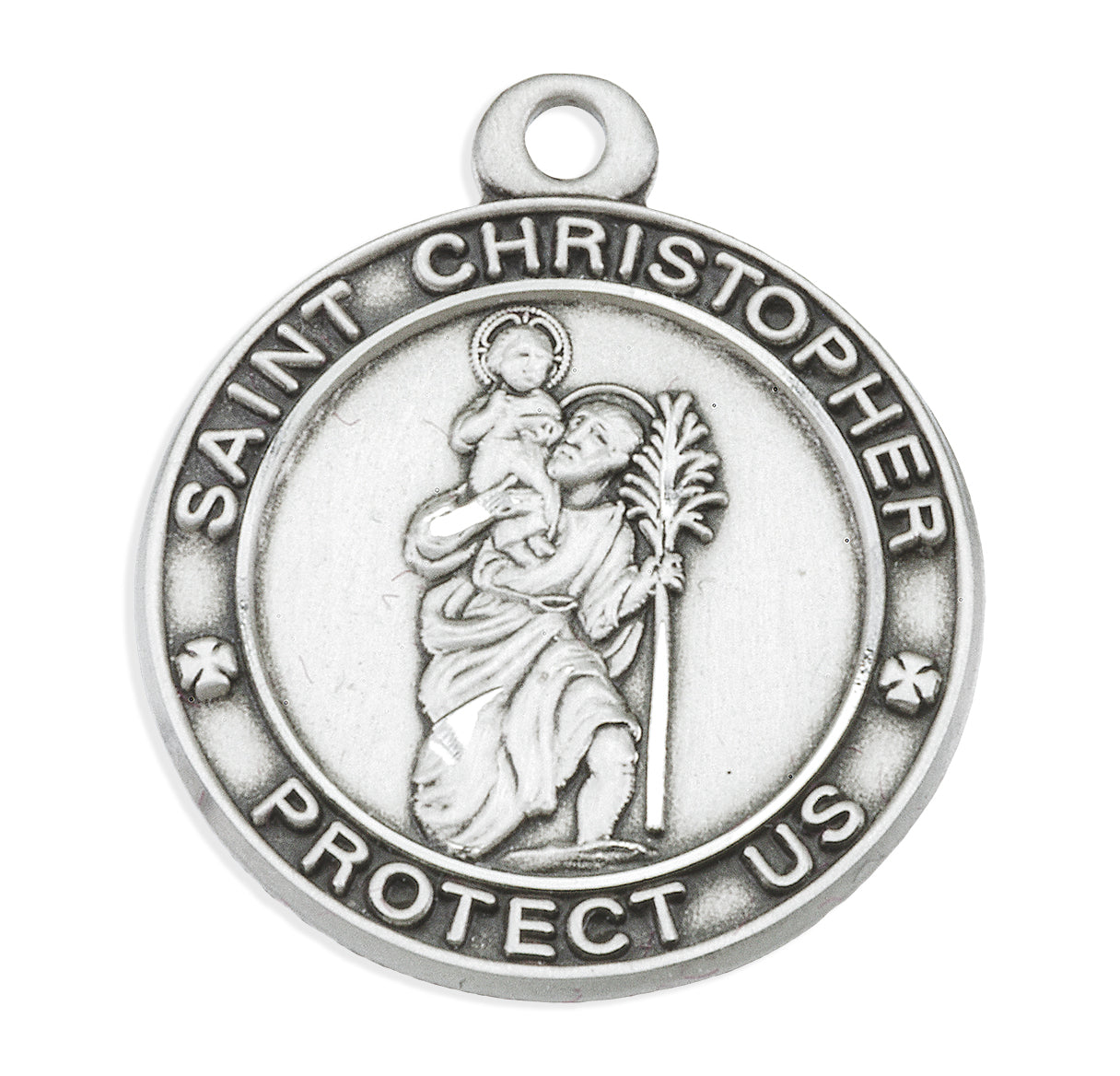Saint Christopher Protect Us Round Sterling Silver Medal Pendant with Chain