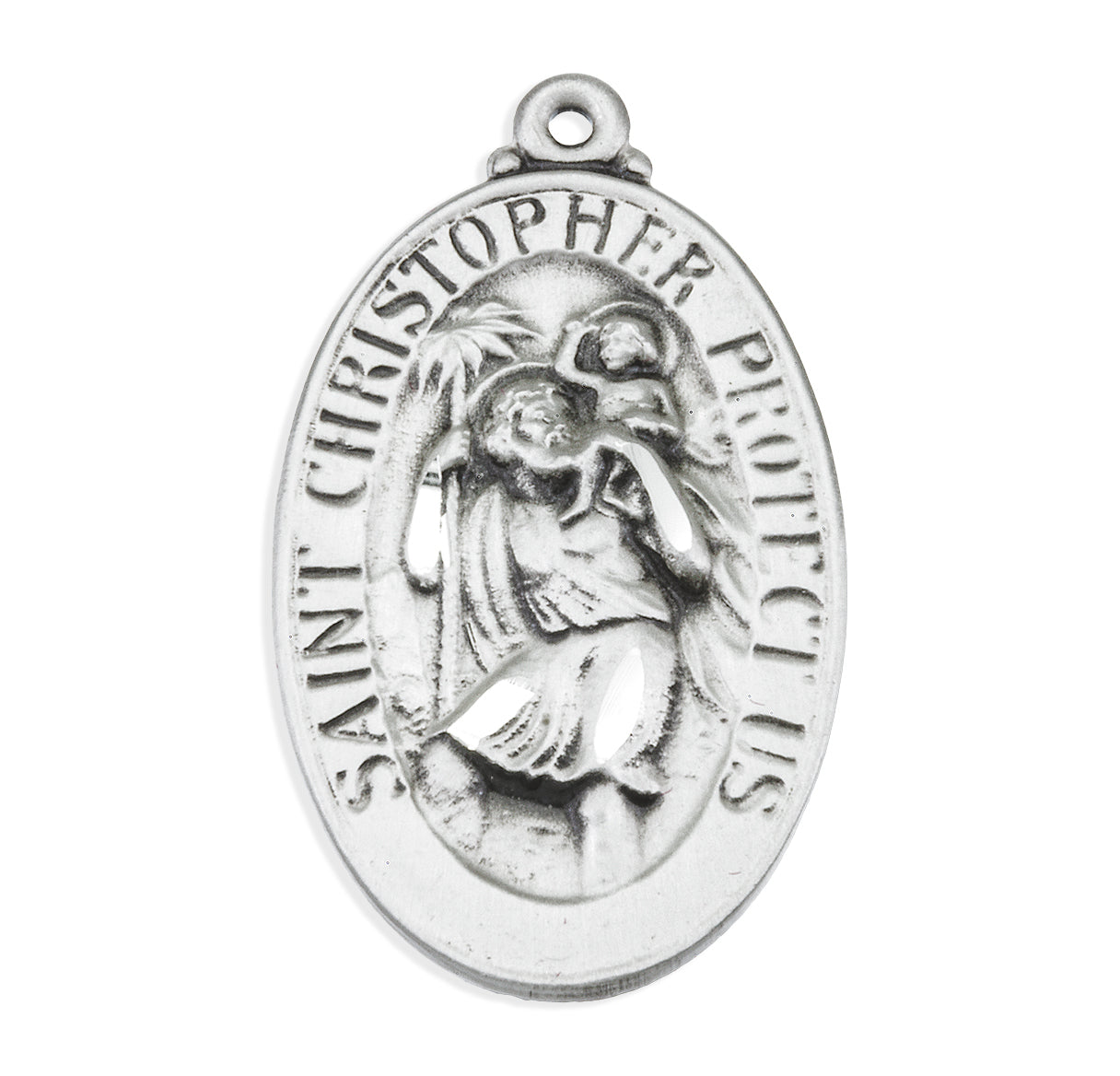 Saint Christopher Protect Us Oval Sterling Silver Medal Pendant with Chain