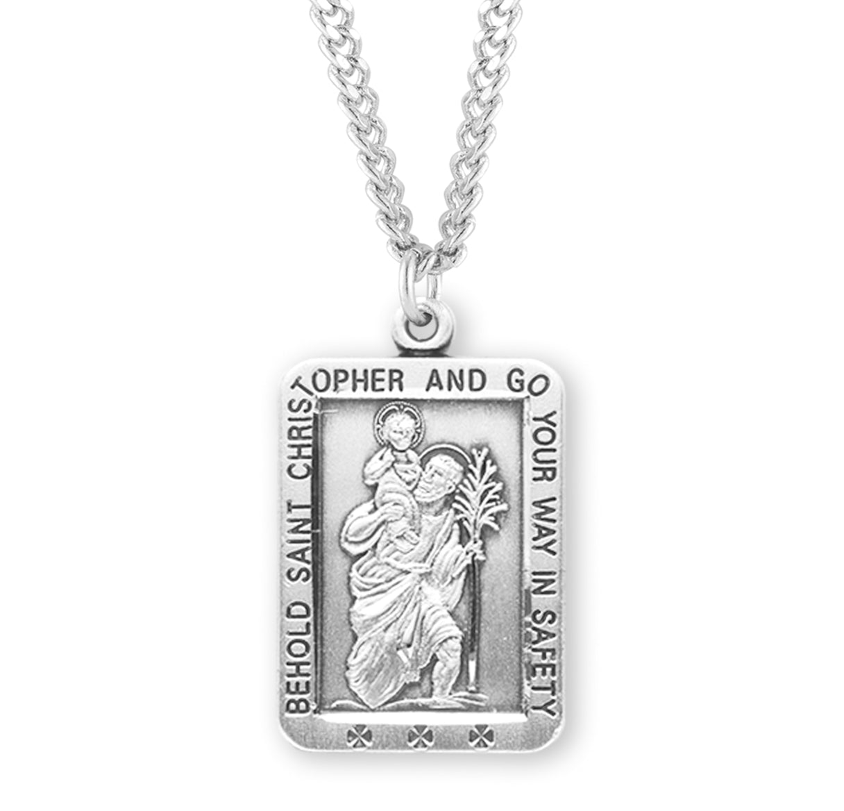 Saint Christopher Protect Us Square Sterling Silver Medal Pendant with Chain