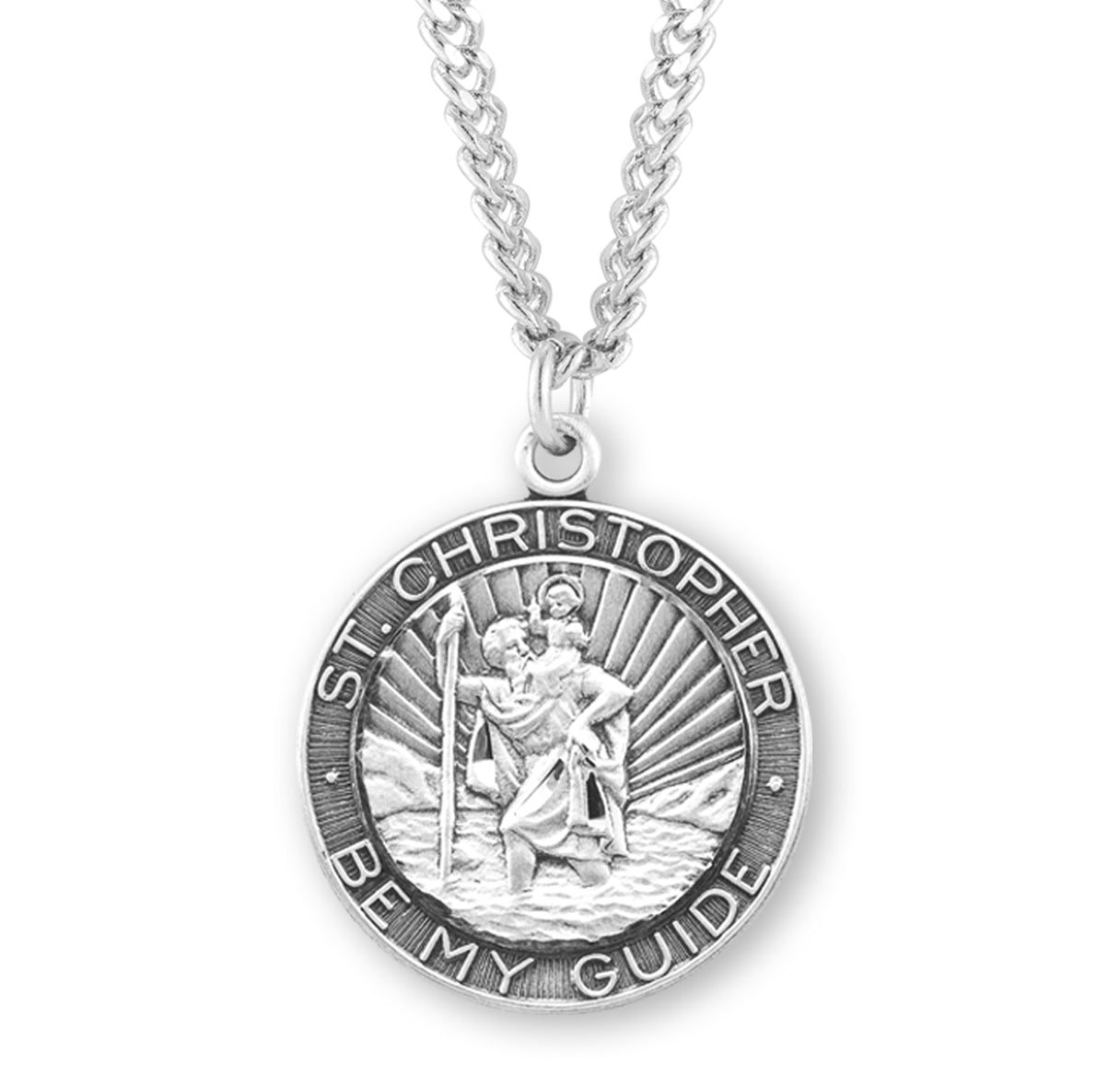 Saint Christopher Protect Us Round Sterling Silver Medal Pendant with Chain