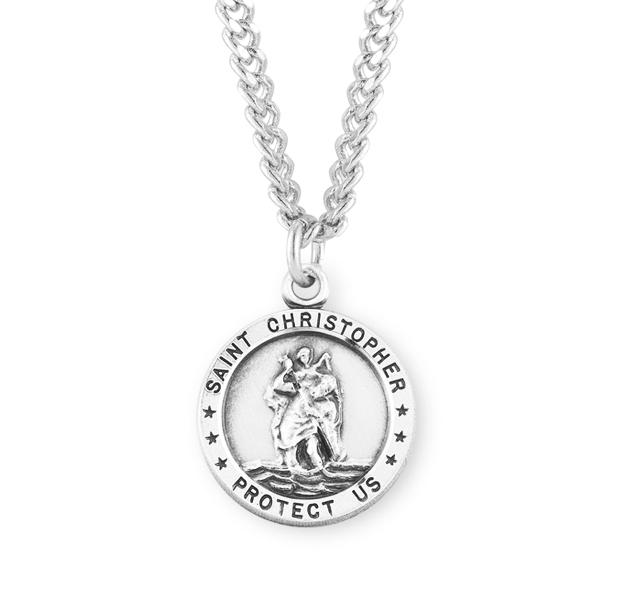 Saint Christopher Protect Us Round Sterling Silver Medal Pendant with Chain