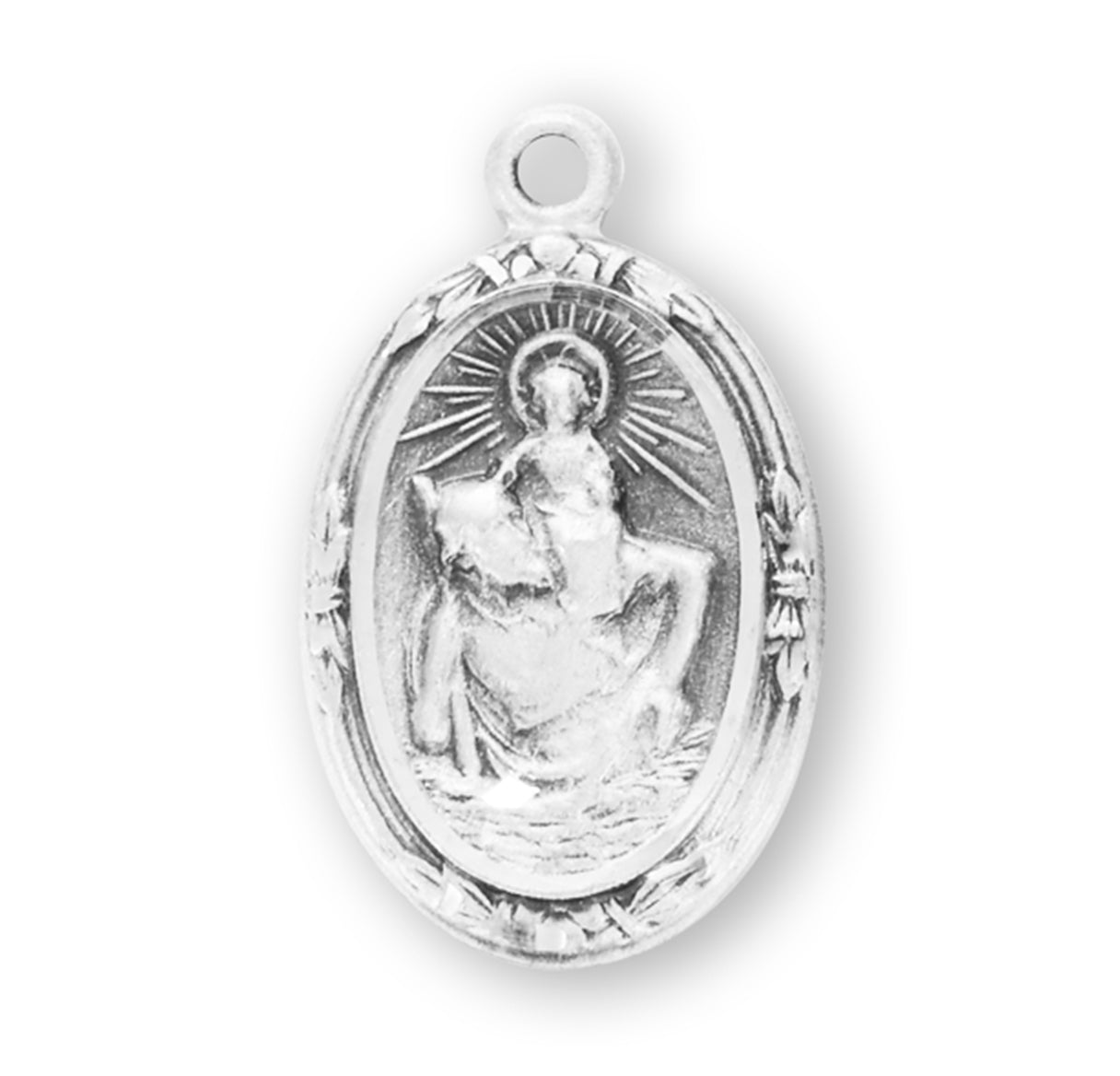Saint Christopher Protect Us Oval Sterling Silver Medal Pendant with Chain