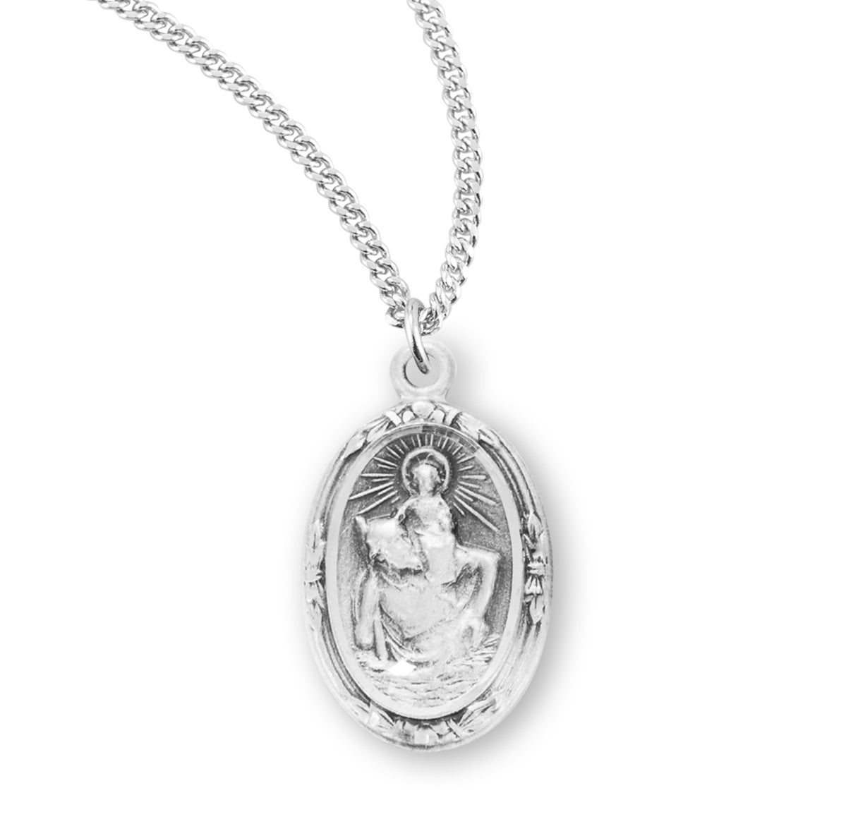Saint Christopher Protect Us Oval Sterling Silver Medal Pendant with Chain