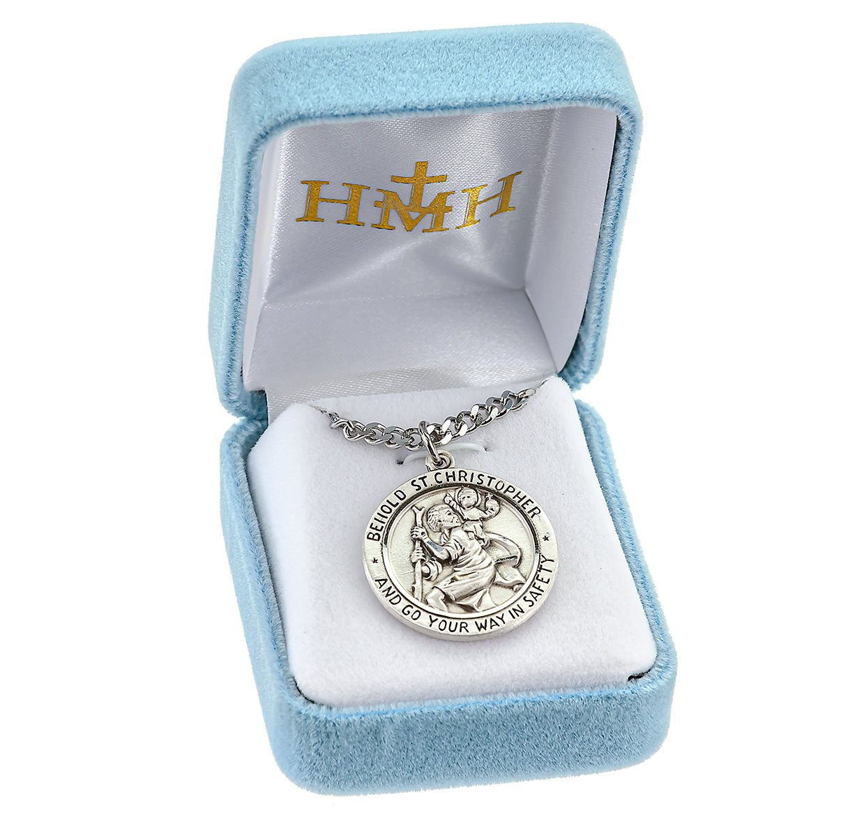 Saint Christopher Protect Us Round Sterling Silver Medal Pendant with Chain