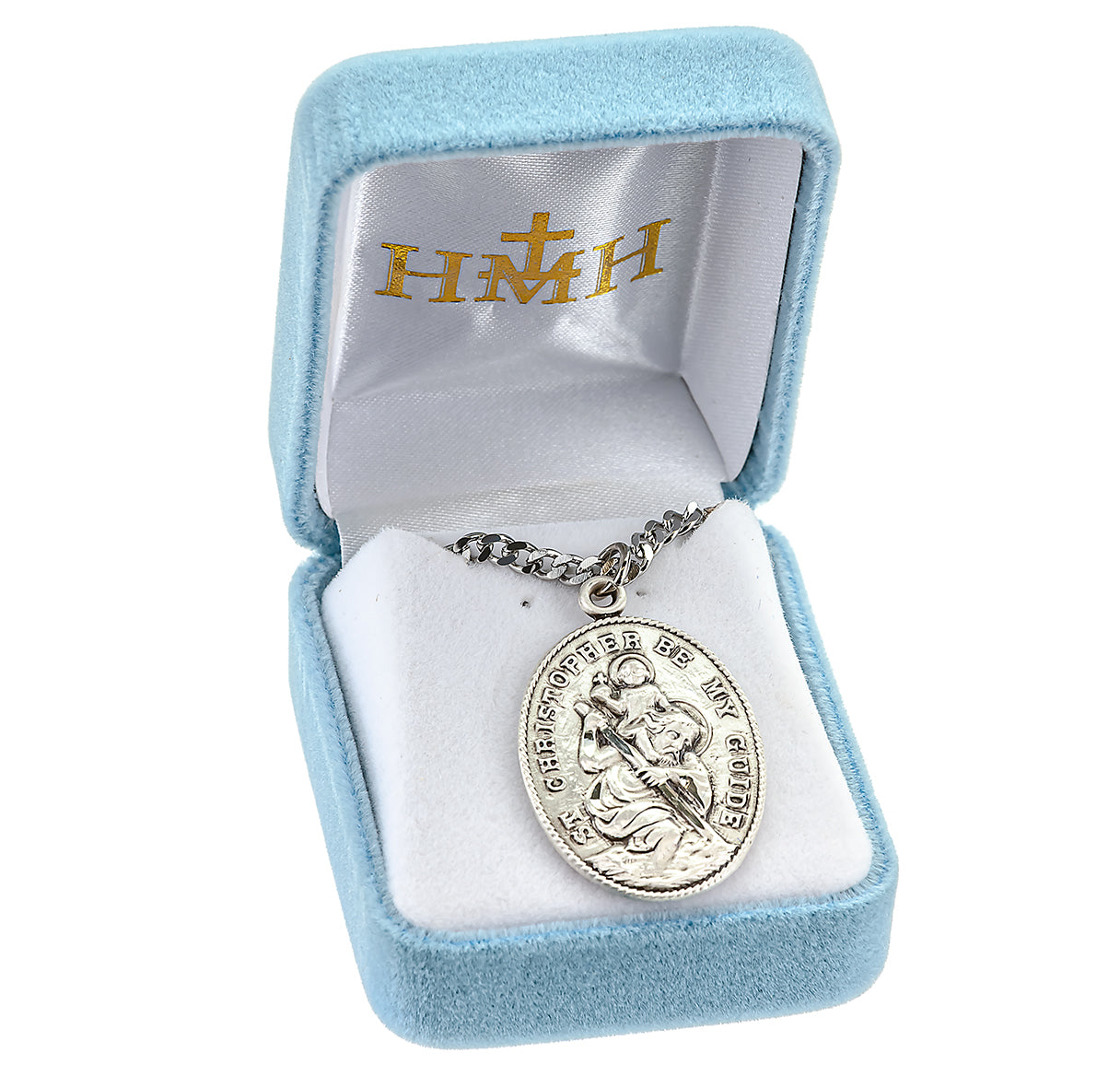 Saint Christopher Protect Us Oval Sterling Silver Medal Pendant with Chain
