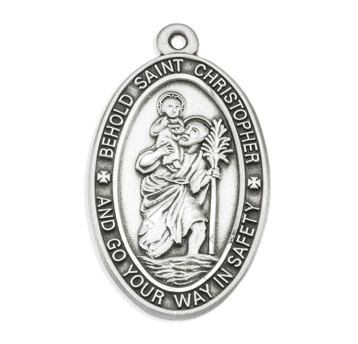 Saint Christopher Protect Us Oval Sterling Silver Medal Pendant with Chain