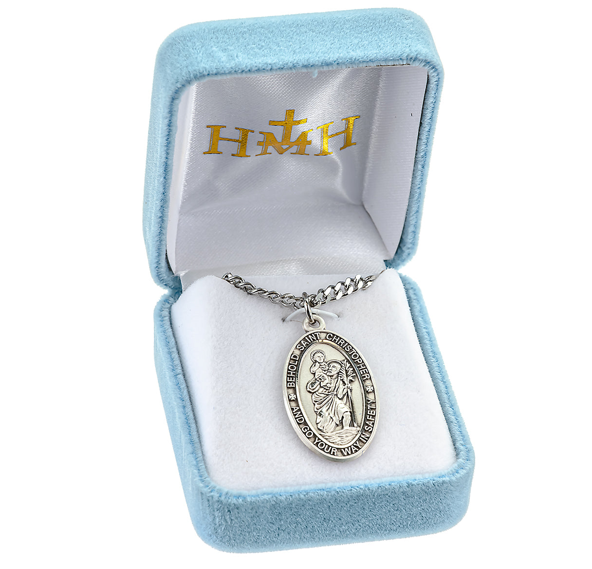 Saint Christopher Protect Us Oval Sterling Silver Medal Pendant with Chain