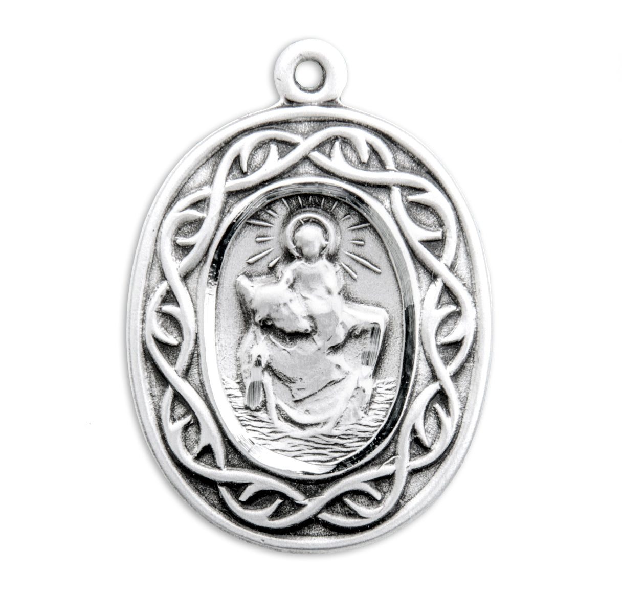 Saint Christopher Protect Us Oval Sterling Silver "Crown of Thorns" Medal Pendant with Chain