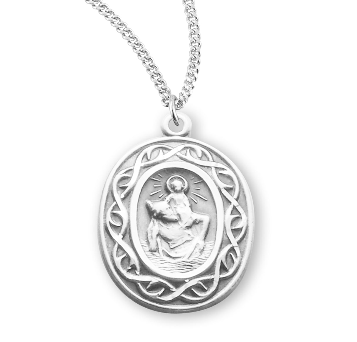 Saint Christopher Protect Us Oval Sterling Silver "Crown of Thorns" Medal Pendant with Chain