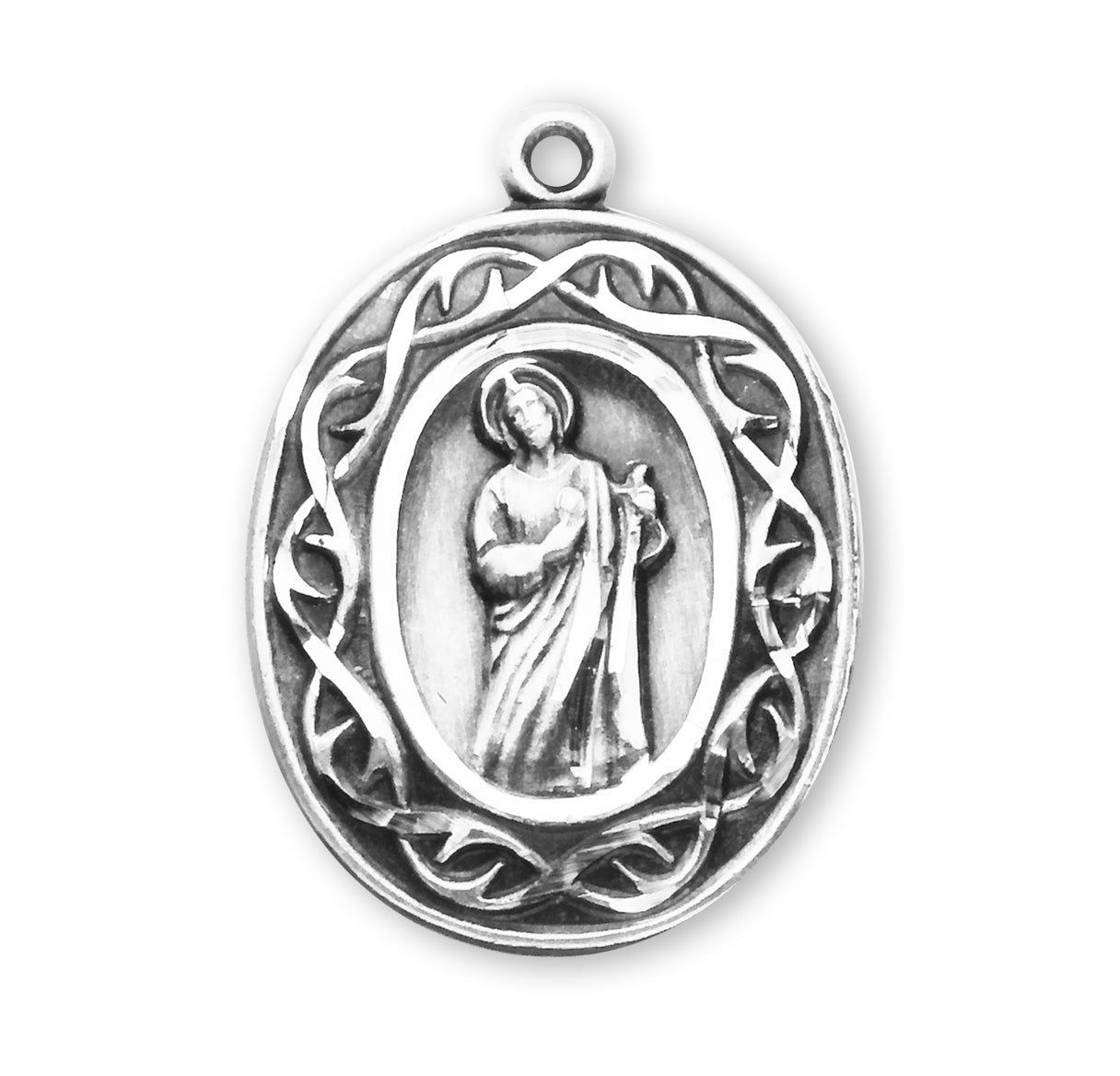 Saint Jude Thaddeus Oval Sterling Silver "Crown of Thorns" Medal Pendant with Chain