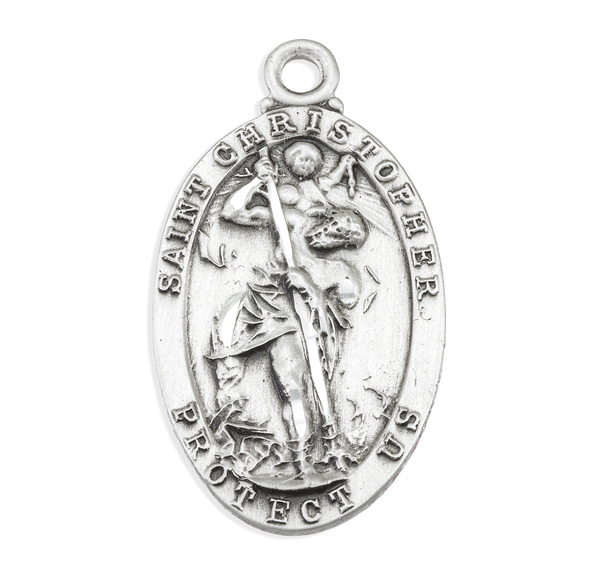 Saint Christopher Protect Us Oval Sterling Silver Medal Pendant with Chain