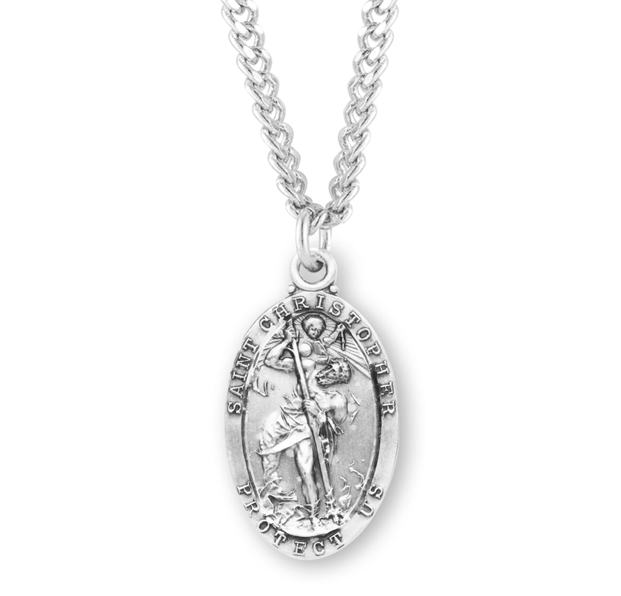 Saint Christopher Protect Us Oval Sterling Silver Medal Pendant with Chain