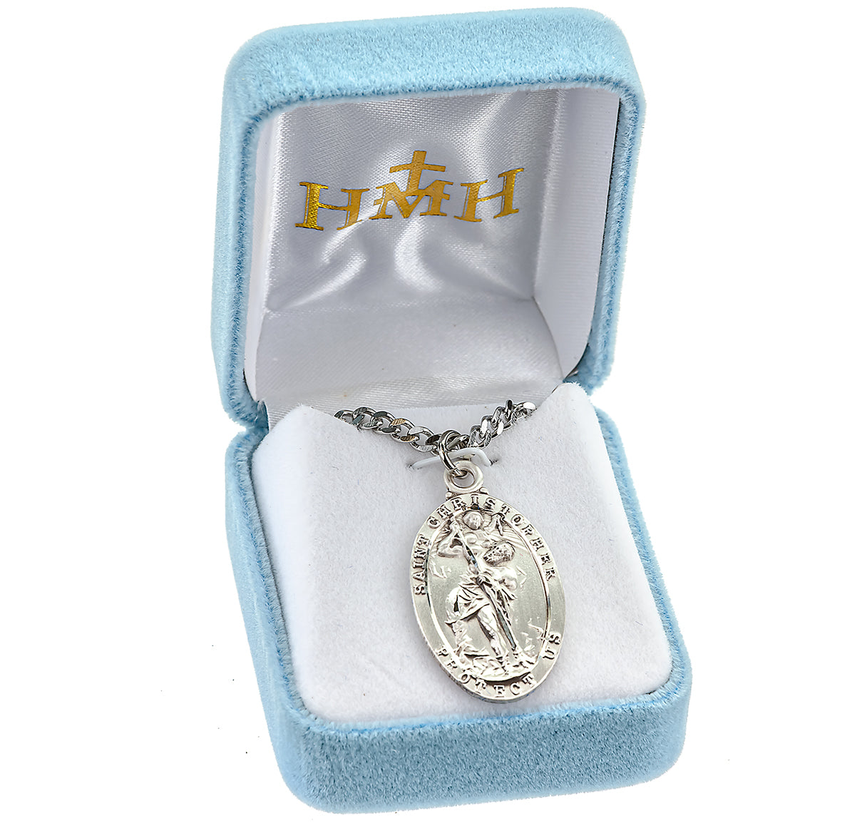 Saint Christopher Protect Us Oval Sterling Silver Medal Pendant with Chain