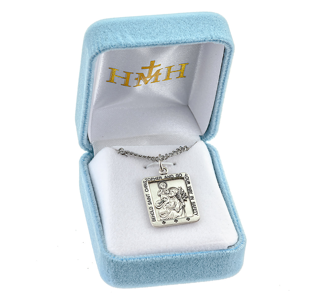 Saint Christopher Protect Us Square Sterling Silver Medal Pendant with Chain