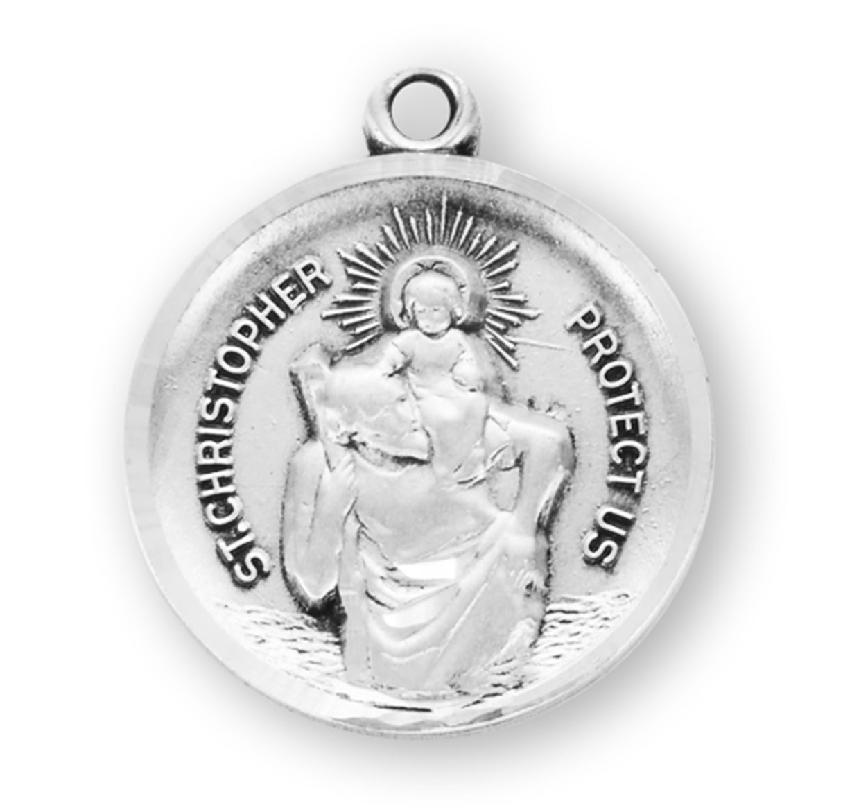 Saint Christopher Protect Us Round Sterling Silver Medal Pendant with Chain