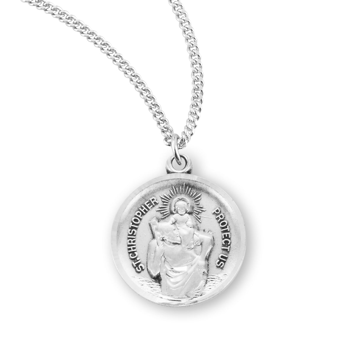 Saint Christopher Protect Us Round Sterling Silver Medal Pendant with Chain