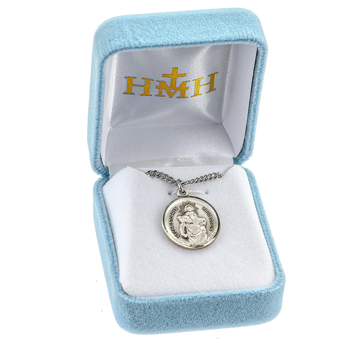 Saint Christopher Protect Us Round Sterling Silver Medal Pendant with Chain