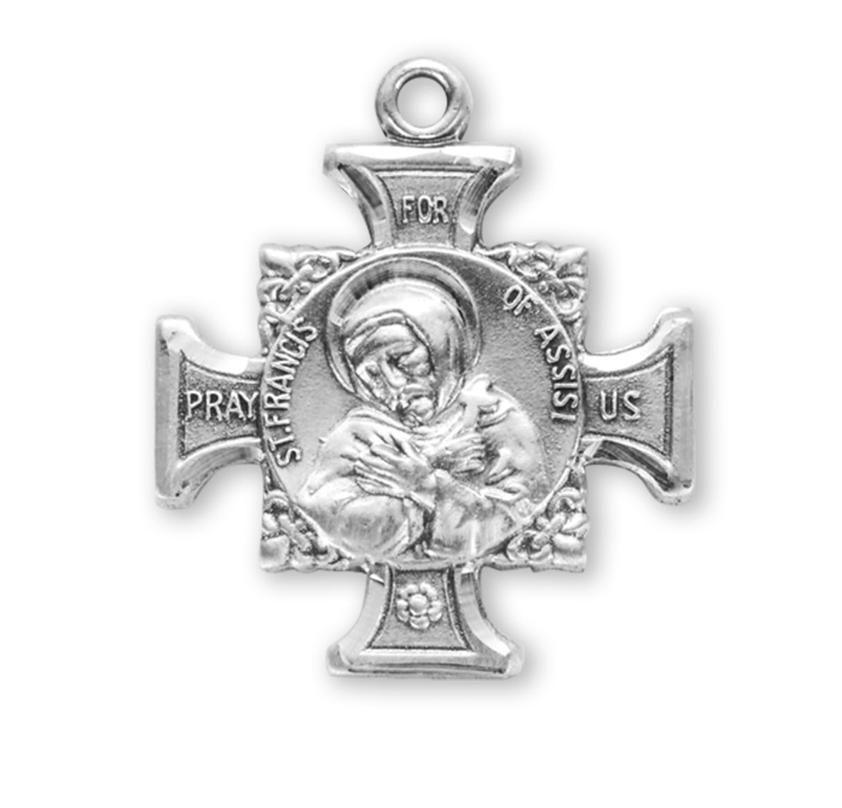 Saint Francis of Assisi Sterling Silver Maltese Cross Medal Pendant with Chain