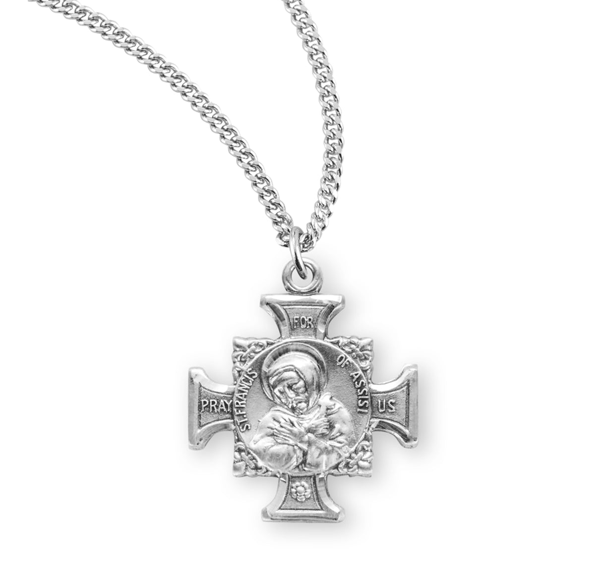 Saint Francis of Assisi Sterling Silver Maltese Cross Medal Pendant with Chain