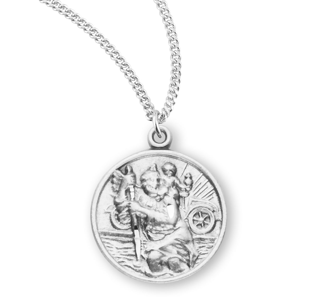 Saint Christopher Protect Us Round Sterling Silver Medal Pendant with Chain