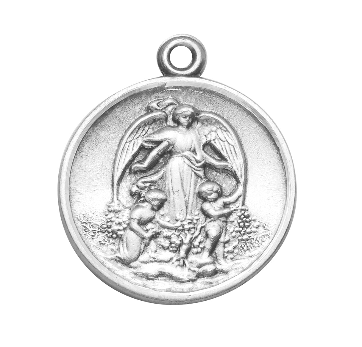 Guardian Angel Round Sterling Silver Medal Pendant with Chain