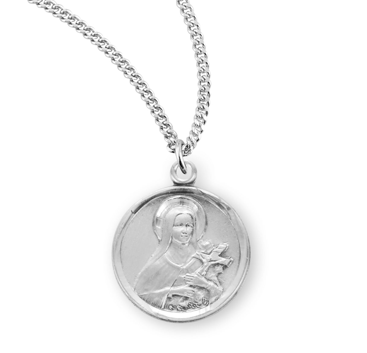 Saint Therese of Lisieux Round Sterling Silver Medal Pendant with Chain