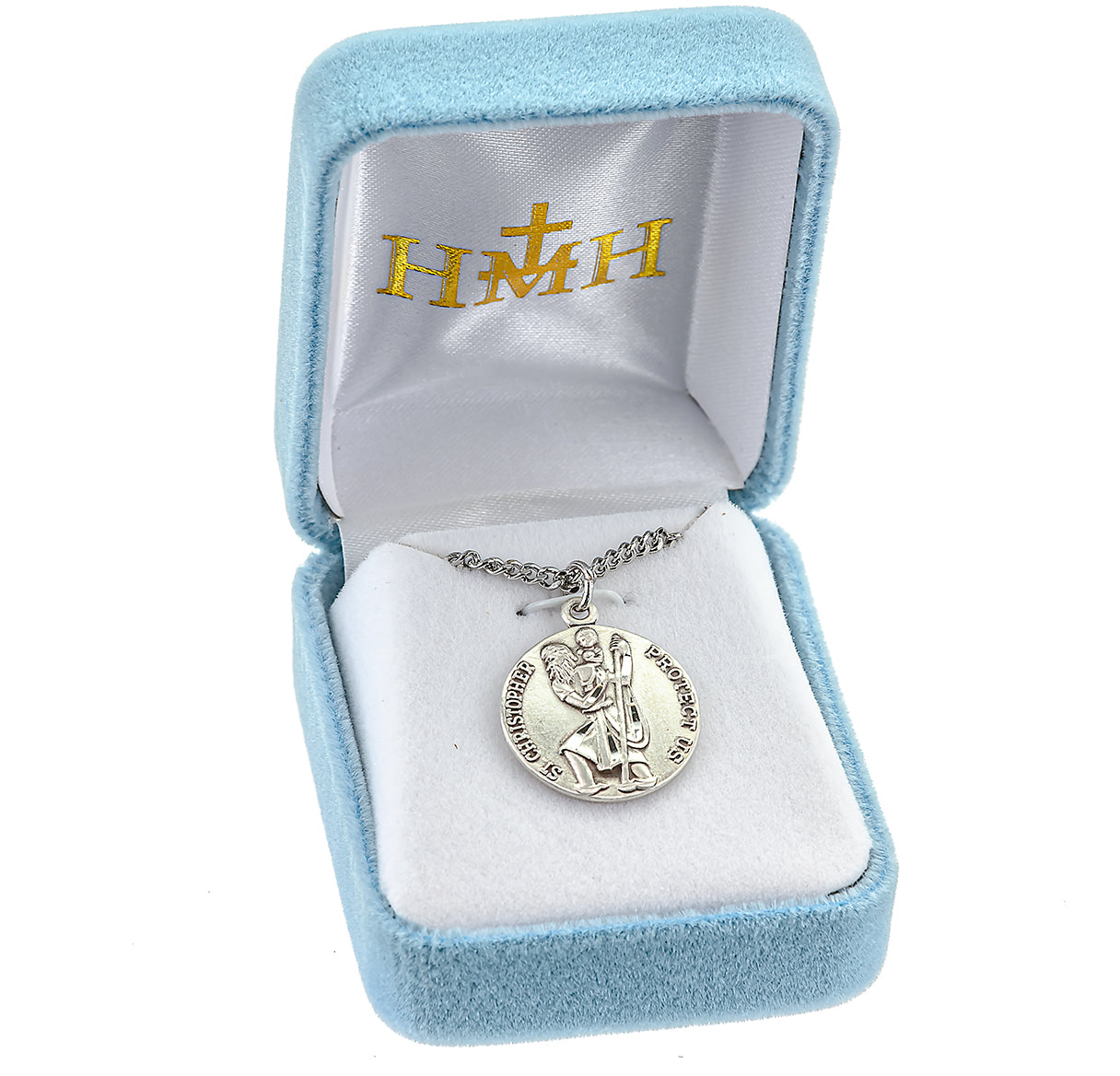 Saint Christopher Protect Us Round Sterling Silver Medal Pendant with Chain