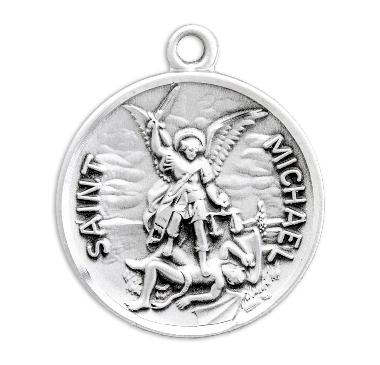 Saint Michael the Archangel Slaying Demon Round Sterling Silver Medal Pendant with Chain