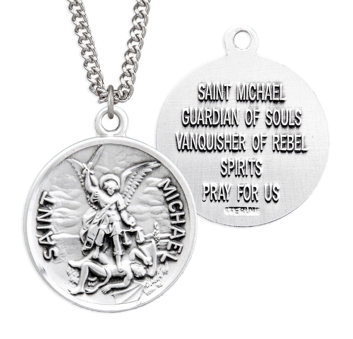 Saint Michael the Archangel Slaying Demon Round Sterling Silver Medal Pendant with Chain