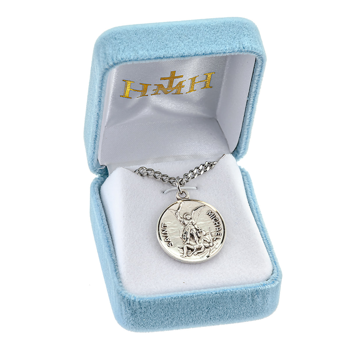 Saint Michael the Archangel Slaying Demon Round Sterling Silver Medal Pendant with Chain