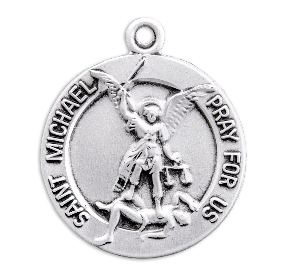 Saint Michael the Archangel Slaying Demon Round Sterling Silver Medal Pendant with Chain