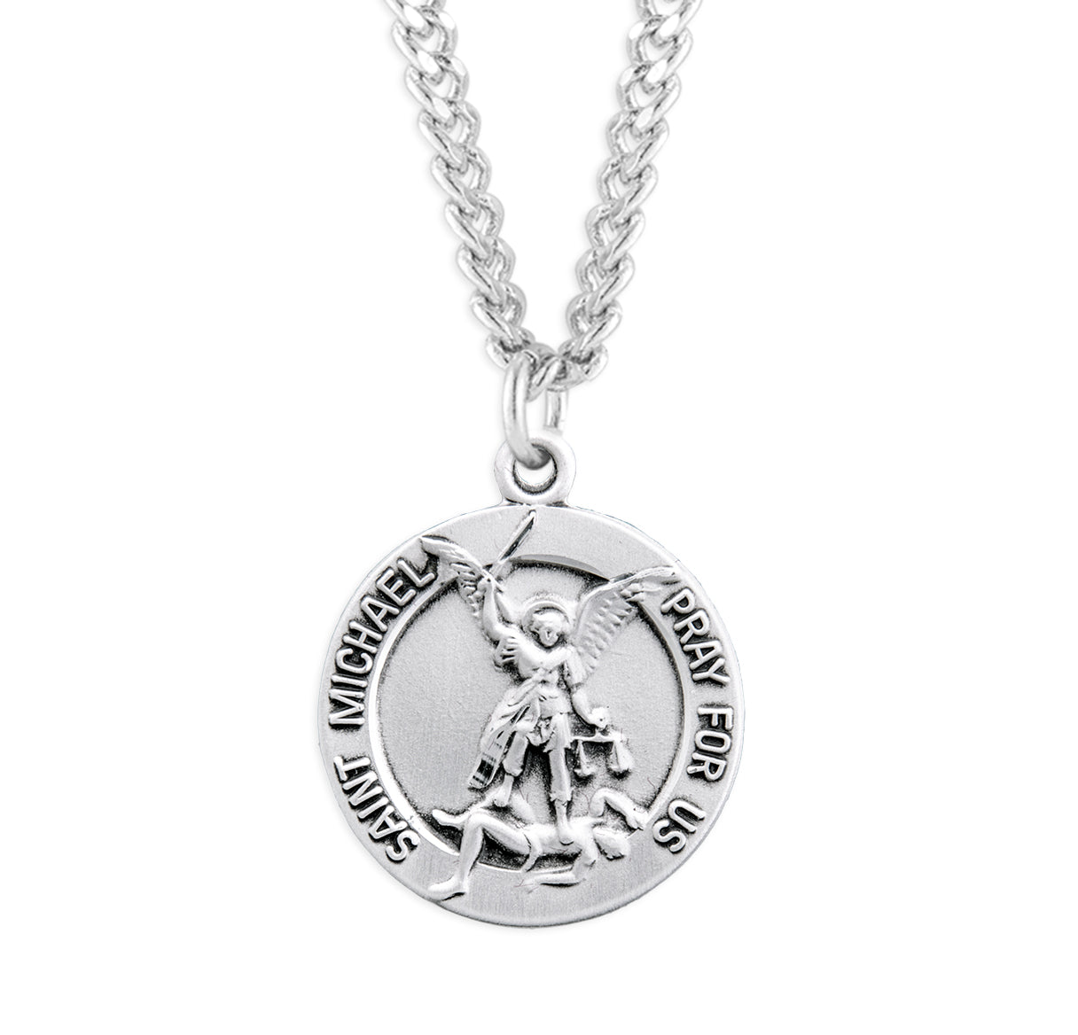 Saint Michael the Archangel Slaying Demon Round Sterling Silver Medal Pendant with Chain