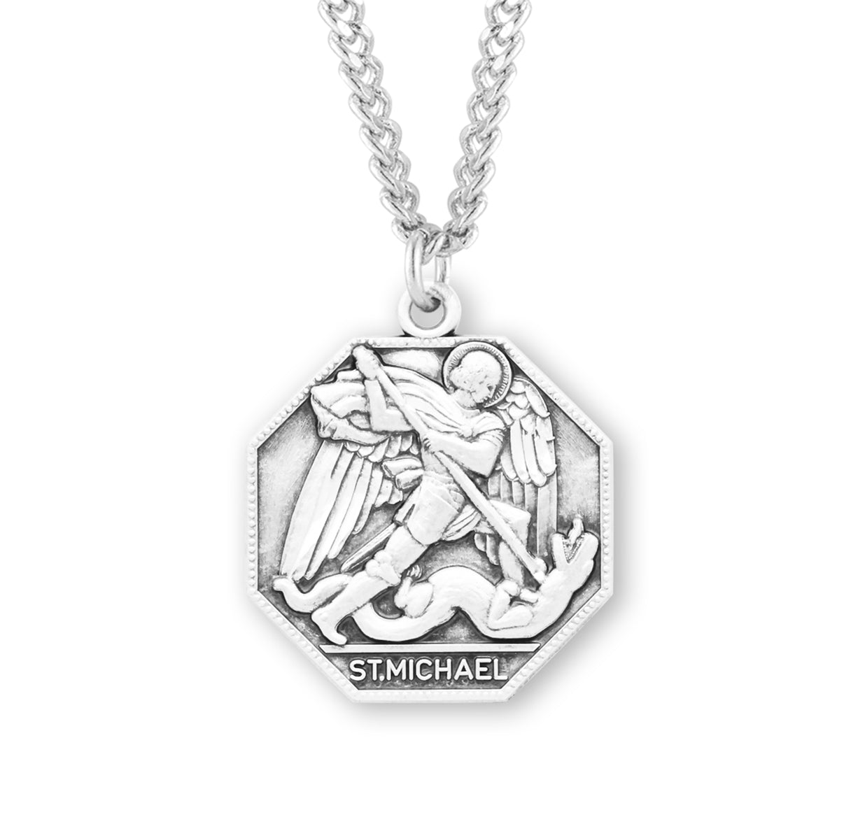 Saint Michael the Archangel Slaying Demon Octagon Sterling Silver Medal Pendant with Chain