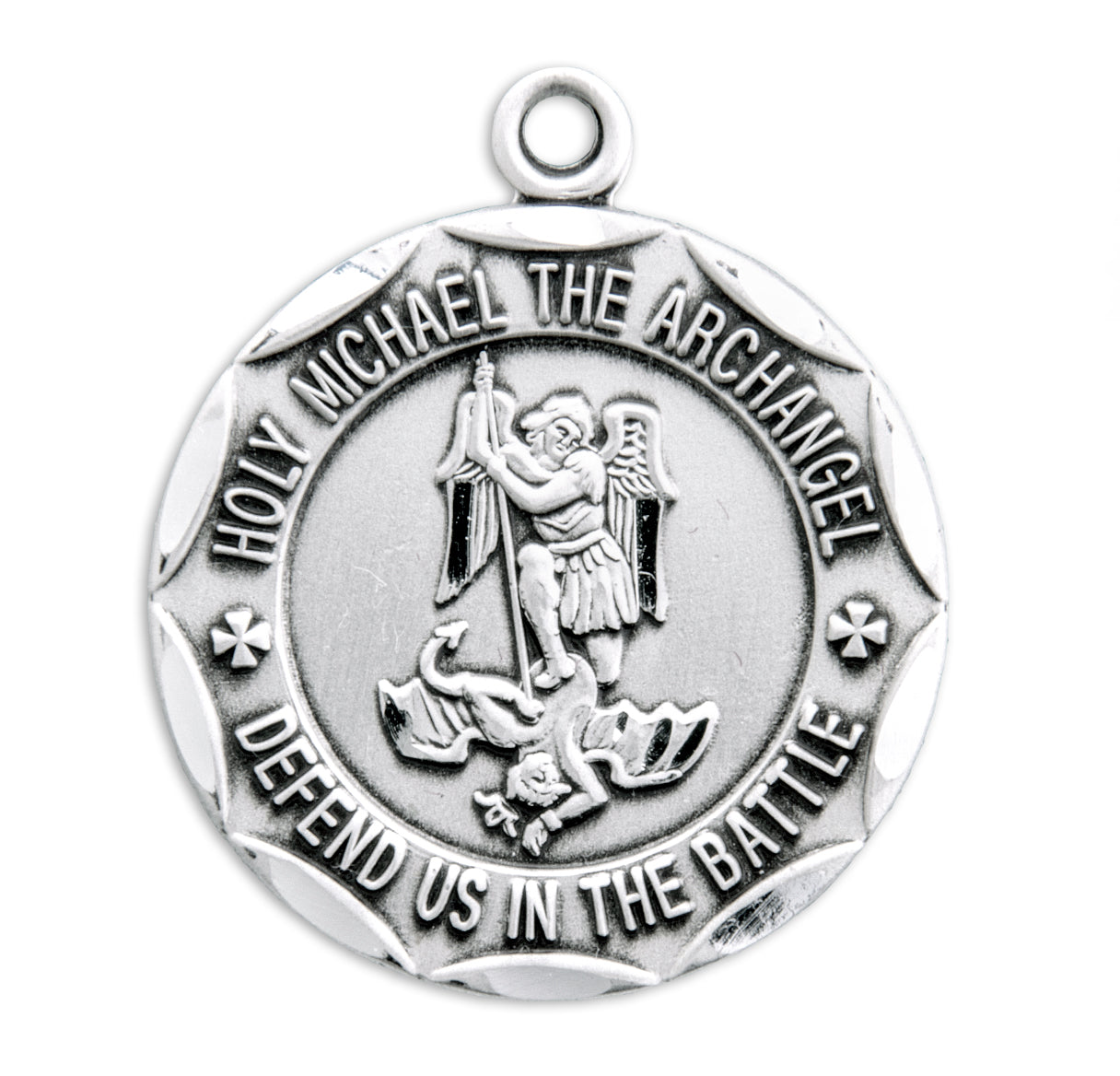 Saint Michael the Archangel Slaying Demon Round Sterling Silver Military Medal Pendant with Chain